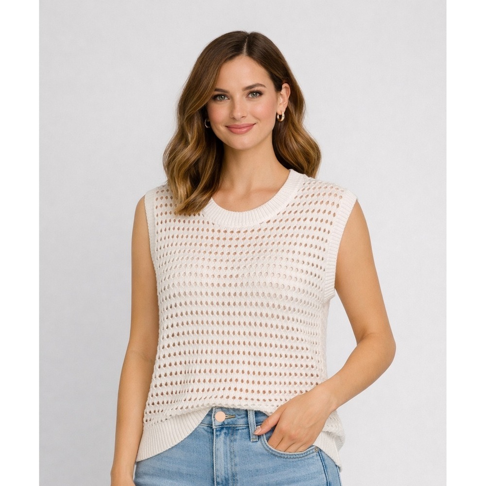 PrettyGarden Women's White Sleeveless Open Knit Pullover Sweater Lightweight S
